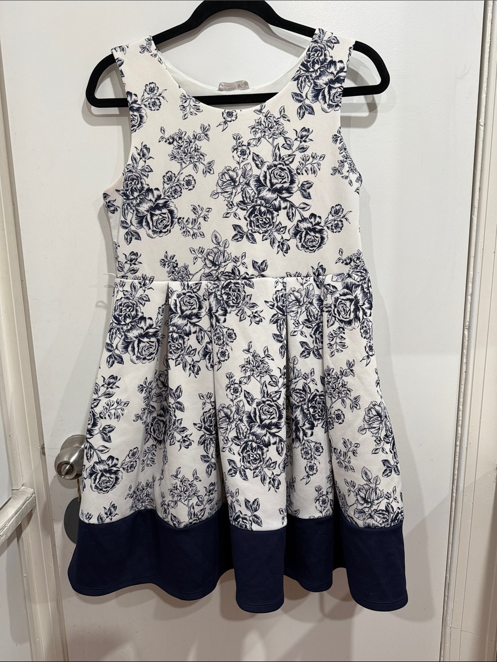 Knit Works Girls' White & Navy Floral Fit-and-Flare Dress - size 16-1/2 plus